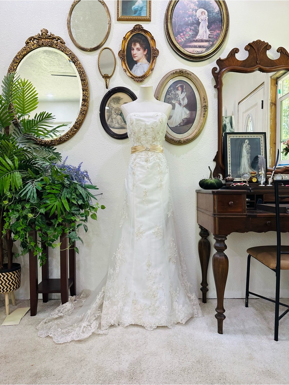 Alfred Angelo White Strapless Lace Wedding Dress with Champagne Sash